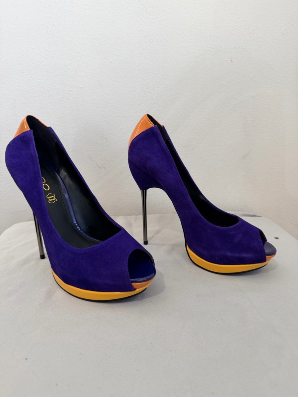 Aldo Purple Suede Peep-Toe Stiletto Heels with Orange/Yellow Accents size US 8